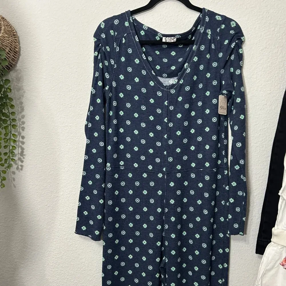 NEW Free People Home Alone Long John Deep Navy Med Comfy Cozy Lounge Ruffle Hem